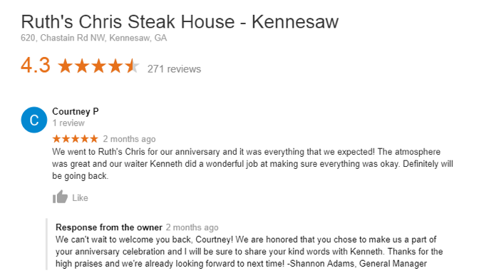 Ruth's Chris Steak House Kennesaw Google Reviews